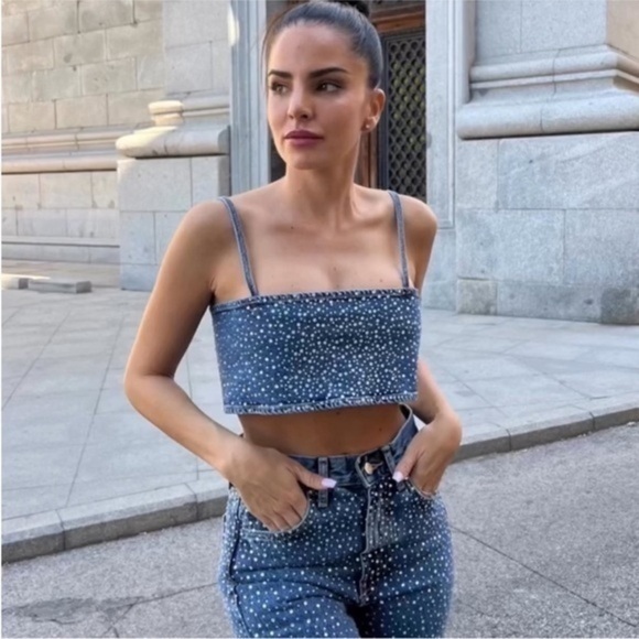 Zara Tops - ZARA Rhinestone denim crop top 0653/273